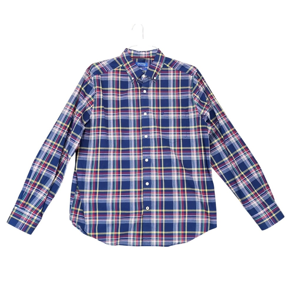 Nautica Blue Sail Plaid Flex Button Down Shirt Mens L Wrinkle Resistant Coastal